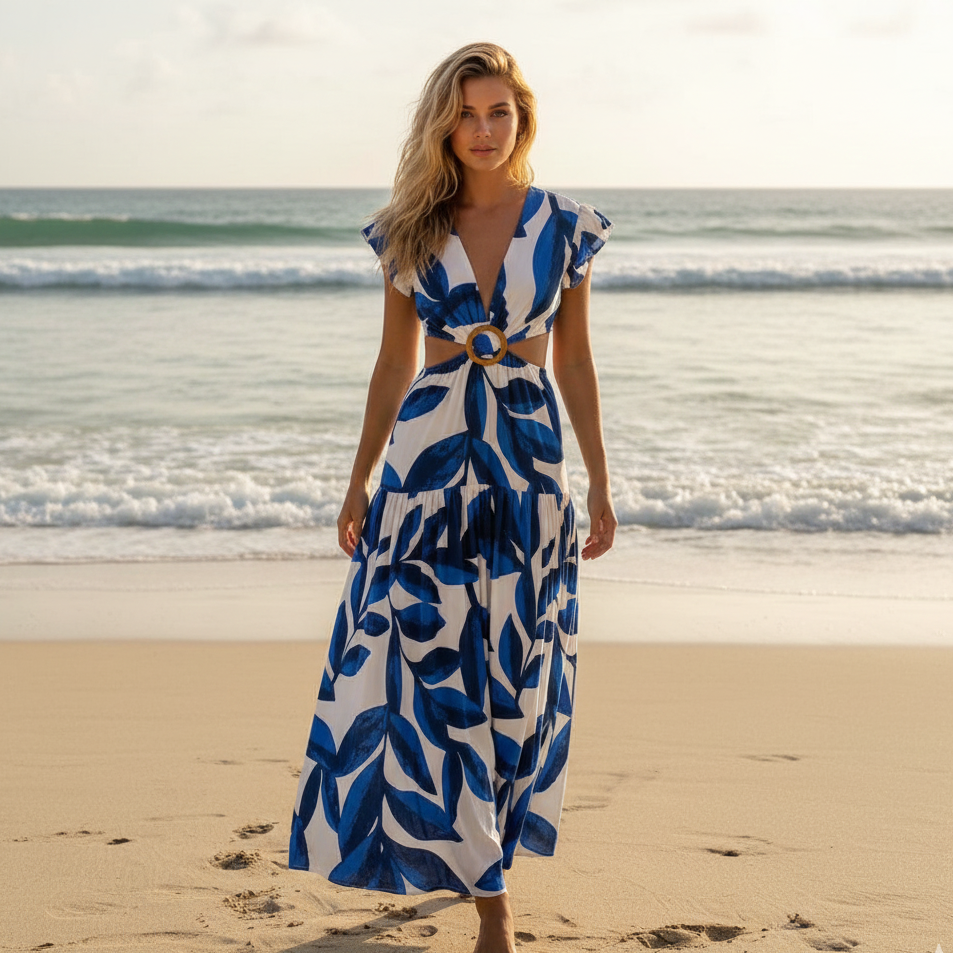 Vestido Longo Azul Aurora Fleurs