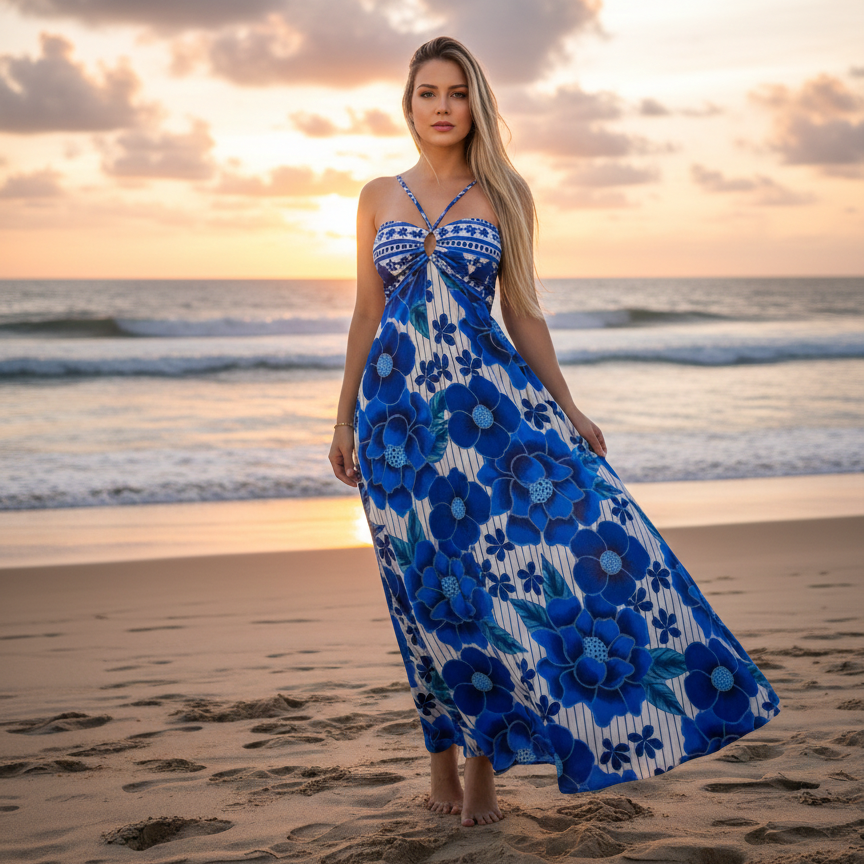 Vestido Longo Branco Éclat Azul